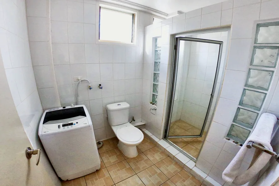 The bathroom in the Front Apartment, with shower and WC