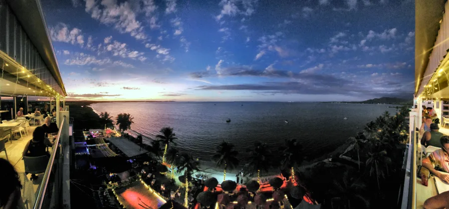 Beachfront hotels and restaurants at Wailoaloa Beach, Nadi