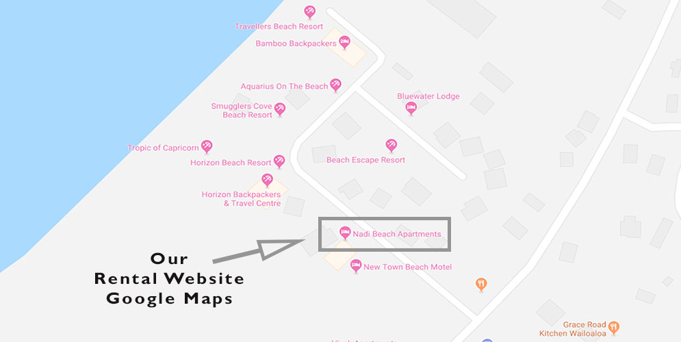 Map showing Nadi Beach Apartments rental website in Google Maps